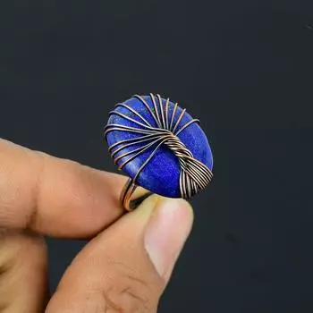 Древо Жизни Лунный Камень Драгоценный Камень Медная Проволока Обернутое Ювелирное Кольцо Ручной Работы Подарок Для Женщин 4 синий