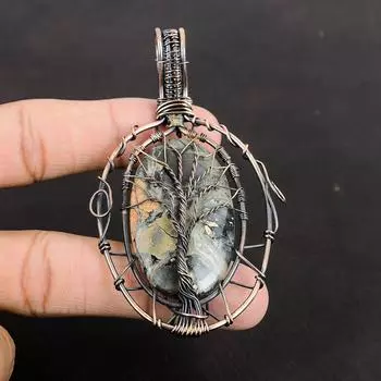 Древо жизни Малигано Джаспер Медная проволока обернутая ювелирные изделия Изящный кулон с драгоценным камнем Уникальный дизайн ювелирных изделий из меди Обернутая вручную подвеска из камня