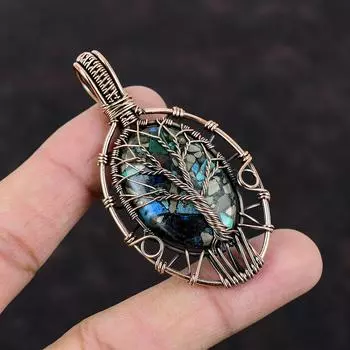 Древо Жизни Медь Азурит Малахит Кулон Медная Проволока Обернутый Кулон Медные Ювелирные Изделия Ручной Работы Подвеска Из Драгоценного Камня Дизайнерские Ювелирные Изделия Для Подарка