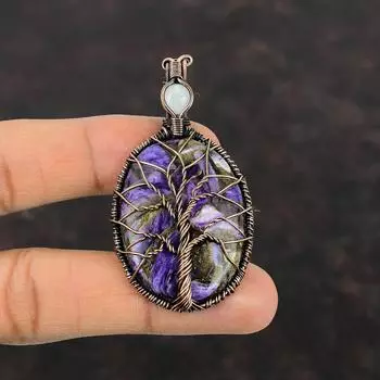 Древо Жизни Медь Чароит Кулон Медная Проволока Кулон Драгоценный Камень Кулон Ручной Работы Радуга Лунный Камень Кулон Дизайнерские Медные Ювелирные Изделия