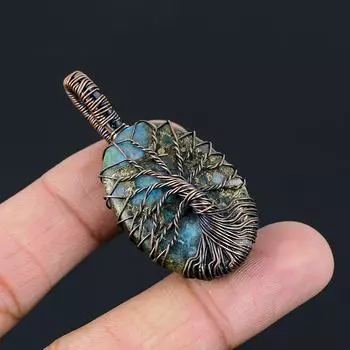 Древо жизни медь неоновый синий апатит драгоценный камень чистая медная проволока обернутая ювелирная подвеска ручной работы 1.97 Inches синий