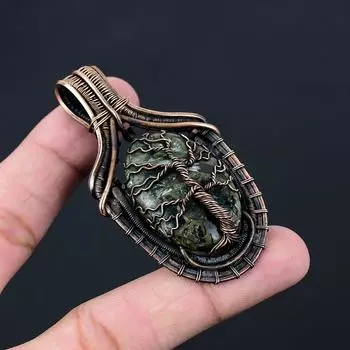 Древо жизни медь серафинит драгоценный камень чистая медная проволока обернутая подвеска ручной работы ювелирные изделия для нее 2.83 Inches зелёный