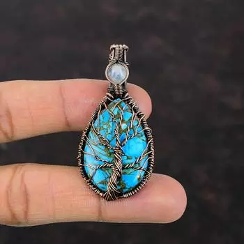 Древо Жизни Медь Синий Бирюзовый Кулон Медная Проволока Обернутый Драгоценный Камень Ювелирные Изделия Подвеска из Лунного Камня Подарок Для Нее Подвеска Из Медной Проволоки Ручной Работы