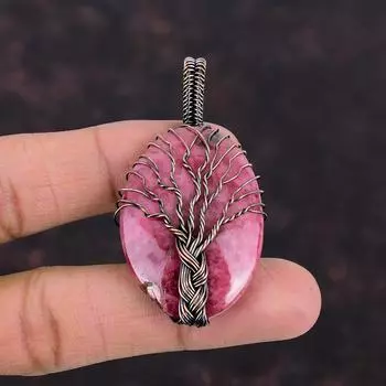 Древо жизни Медный кулон с родонитом, обернутый проволокой, кулон с драгоценным камнем, медная проволока, ювелирные изделия, кулон ручной работы, ювелирные изделия с родонитом, подарок для нее