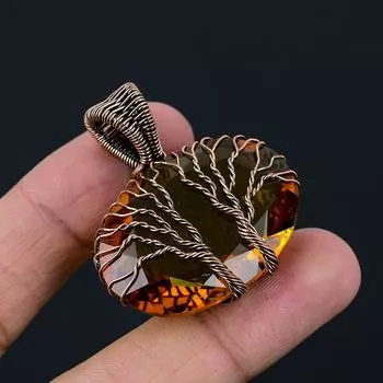 Древо Жизни Медовый топаз Драгоценный камень Медная проволока Обертывание Подвеска Ювелирный подарок для нее 1.65 Inches коричневый