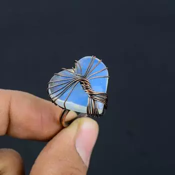 Древо жизни молочный опал драгоценный камень медная проволока обернутое ювелирное кольцо ручной работы для подарка 4 синий