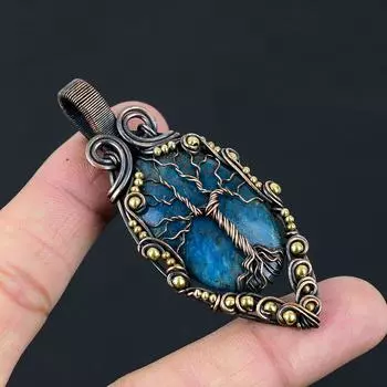 Древо жизни неоновый синий апатит драгоценный камень чистая медная проволока обернутая подвеска ручной работы ювелирные изделия 2.83 Inches синий