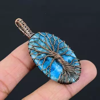 Древо жизни неоновый синий апатит драгоценный камень чистая медная проволока обернутая подвеска ручной работы ювелирные изделия 2.56 Inches синий