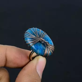 Древо жизни неоновый синий апатит драгоценный камень медная проволока обернутое ювелирное кольцо ручной работы для подарка 4 синий