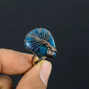 Древо Жизни Неоновый Синий Апатит Драгоценный Камень Медная Проволока Обернутая Ювелирное Кольцо Ручной Работы Для Подарка Все Размеры 4