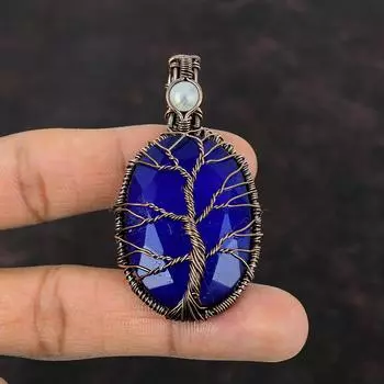 Древо Жизни Ограненный Синий Сапфир Подвеска Медная Проволока Обернутая Подвеска Из Драгоценного Камня Радуга Подвеска из Лунного Камня Медные Ювелирные Изделия Ручной Работы Для Подарков