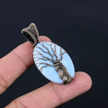 Древо жизни Овайхи Опал Драгоценный камень Чистая медная проволока Обертка Ювелирный кулон ручной работы 2.17 Inches синий