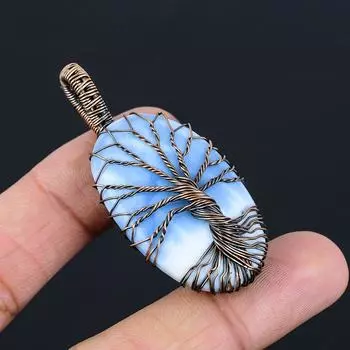 Древо жизни Овайхи Опал Драгоценный камень Чистая медная проволока, завернутая в подвеску ручной работы, ювелирные изделия 2.36 Inches синий