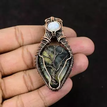 Древо жизни Пикассо Яшма Медный кулон Драгоценный камень Ювелирные изделия Проволочная обертка Подвеска ручной работы Радужный лунный камень Ювелирные изделия Подарок для матери