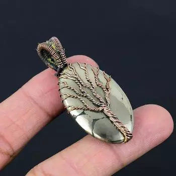 Древо жизни, пирит, драгоценный камень, чистая медная проволока, ювелирная подвеска ручной работы для нее 2.17 Inches золотистый