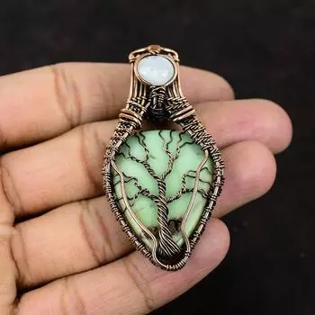 Древо жизни Подвеска из драгоценного камня хризопраз Медная проволока Ювелирные изделия Антикварные украшения Радужный лунный камень Ювелирные изделия Подарок для нее Подарок для матери