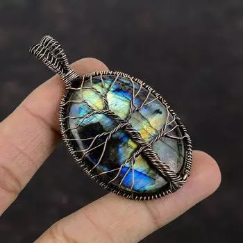 Древо Жизни Подвеска из Лабрадорита Медная Проволока Обернутая Подвеска Ручной Работы Женская Подвеска Лабрадорит Медные Ювелирные Изделия Подвеска Из Драгоценного Камня Подарок Для Нее