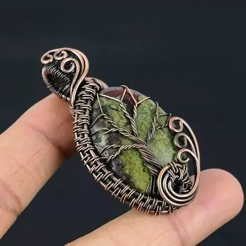 Древо Жизни Подвеска из яшмы с кровью дракона Медная проволока Кулон из яшмы с кровью дракона Подвеска с драгоценным камнем Медные украшения Подарок для ее матери зелёный
