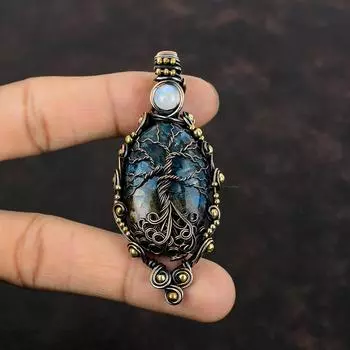 Древо жизни Подвеска с арбузом и турмалином Медная проволока Кулон в обертке Радуга Лунный камень Подвеска из драгоценного камня Медные украшения ручной работы для подарка