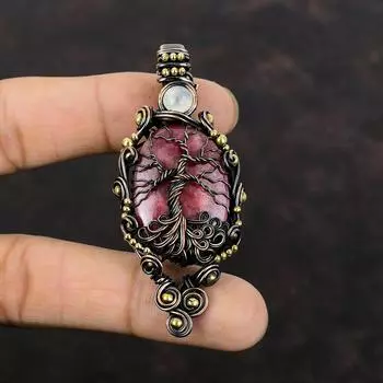 Древо Жизни Подвеска с Родонитом Медная Проволока Обернутые Ювелирные Изделия Подвеска Ручной Работы Радуга Лунный Камень Подвеска Из Драгоценного Камня Медная Подвеска Подарок Для Нее