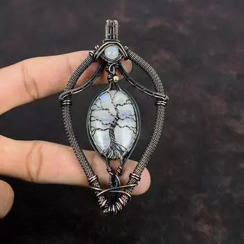 Древо жизни Радуга Подвеска из лунного камня Медная проволока Обернутая подвеска Подвески с драгоценными камнями Ювелирные изделия из медной проволоки Подвеска ручной работы Подарки на годовщину