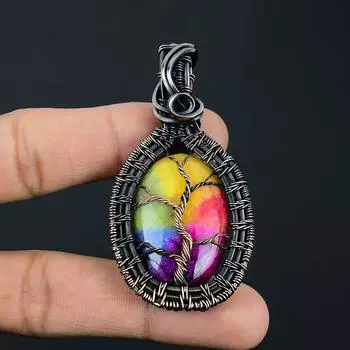 Древо жизни Радуга Солнечный кварц Драгоценный камень Чистая медная проволока Обертка ручной работы Роскошный ювелирный кулон 2.56 Inches розовый