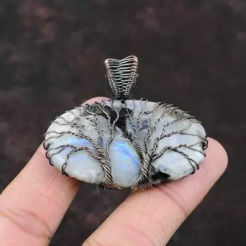 Древо жизни радужный лунный камень кулон медная проволока обернутый драгоценный камень ювелирные изделия ручной работы кулон свадебный подарок лунный камень медные ювелирные изделия