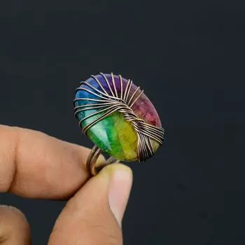 Древо Жизни Радужный Солнечный Кварц Драгоценный Камень Медная Проволока Обернутое Ювелирное Кольцо Ручной Работы Для Нее 4 зелёный