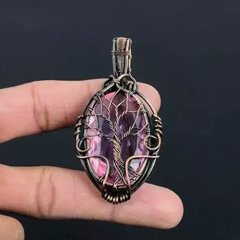 Древо жизни розовый кунцит драгоценный камень ручной работы из чистой медной проволоки обернутый кулон ювелирные изделия 2.79 Inches розовый