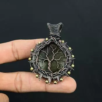 Древо жизни Серебряный блеск обсидиана Драгоценный камень Ювелирные изделия ручной работы Подвеска из чистой медной проволоки 2.36 Inches зелёный