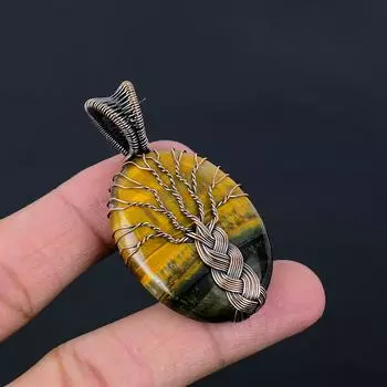 Древо жизни Шмель Яшма Драгоценный камень Чистая медная проволока Обертка Ювелирный кулон ручной работы 2.28 Inches жёлтый