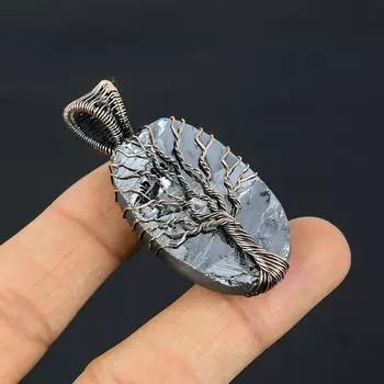 Древо Жизни Шунгит Драгоценный Камень Медная Проволока Обертка Кулон Ручной Работы Ювелирные Изделия Подарок Для Любви 2.28 Inches серый