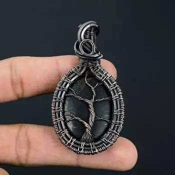 Древо жизни Шунгит Драгоценный камень ручной работы из чистой медной проволоки, обернутый кулон, ювелирные изделия для Дня памяти 2.56 Inches синий