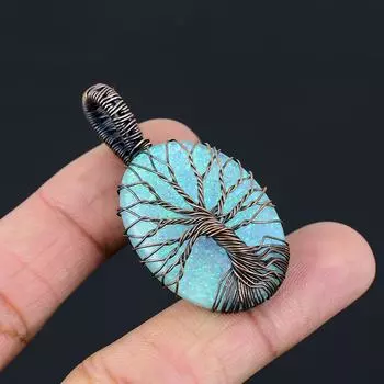 Древо Жизни Синий Австралийский Тройной Опал Драгоценный Камень Чистая Медная Проволока Обернутый Ювелирные Изделия Подвески Ручной Работы 2.09 Inches синий