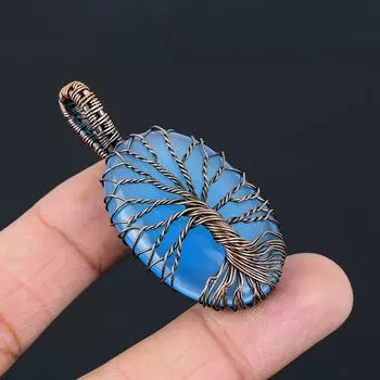 Древо Жизни Синий Халцедон Драгоценный Камень Чистая Медная Проволока Обернутая Ювелирные Изделия Ручной Работы Подвеска 2.36 Inches синий