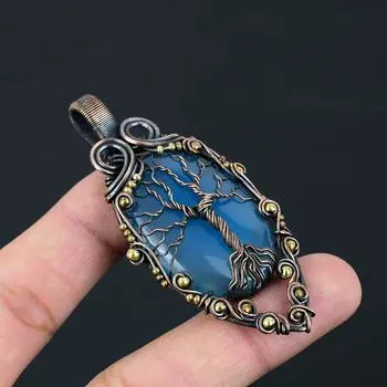 Древо Жизни Синий Халцедон Драгоценный Камень Чистая Медная Проволока Обернутая Ювелирные Изделия Ручной Работы Подвеска 2.95 Inches синий