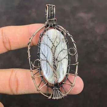 Древо жизни Синий Кружевной Агат Кулон Драгоценный Камень Проволока Ювелирные Изделия Медная Проволока Обернутый Кулон Ручной Работы Древо Жизни Ювелирные Изделия Подарок Для Матери