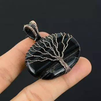 Древо Жизни Синий Тигровый Глаз Драгоценный Камень Медная Проволока Обертка Кулон Ручной Работы Ювелирные Изделия Подарок Для Нее 2.04 Inches синий