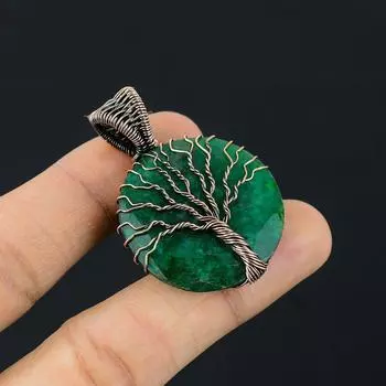 Древо Жизни, созданный в лаборатории изумрудный драгоценный камень, медная проволока, кулон ручной работы, свадебные украшения для нее 1.92 Inches зелёный