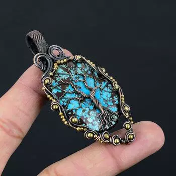 Древо жизни Тибетский бирюзовый драгоценный камень Чистая медная проволока, обернутая ювелирным кулоном ручной работы 2.95 Inches синий