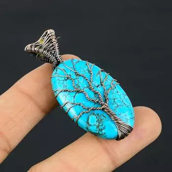Древо Жизни Тибетский Бирюзовый Драгоценный Камень Медная Проволока Обертка Кулон Ручной Работы Ювелирные Изделия Подарок Для Любви 2.36 Inches синий