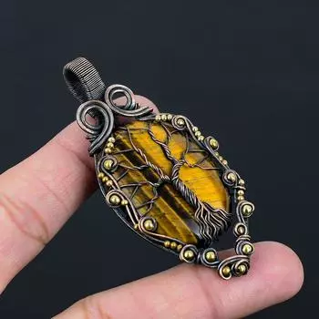 Древо жизни Тигровый глаз Драгоценный камень Чистая медная проволока Обернутая подвеска ручной работы Ювелирные изделия 3.03 Inches жёлтый