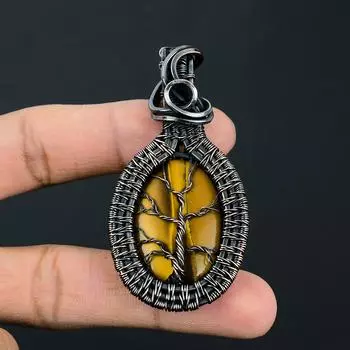 Древо жизни Тигровый глаз Драгоценный камень ручной работы из чистой медной проволоки Ювелирный кулон на День памяти 2.56 Inches жёлтый