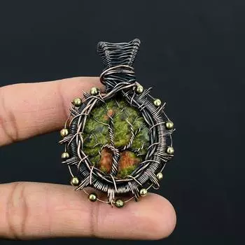 Древо жизни Унакит Драгоценный камень Чистая медная проволока Обертка ручной работы Удивительный ювелирный кулон 2.56 inches зелёный