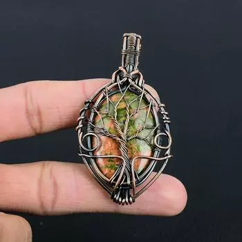 Древо Жизни Унакит Драгоценный Камень Ручной Работы Чистая Медная Проволока Обернутый Удивительный Ювелирный Подвеска 2.76 Inches зелёный