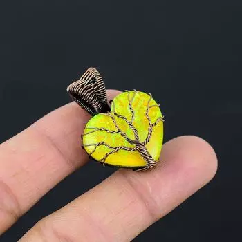 Древо жизни Желтый опал Драгоценный камень Чистая медная проволока Обернутая подвеска ручной работы Ювелирные изделия 1.38 Inches жёлтый