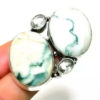 Древовидный агат, голубой топаз, драгоценный камень 925, посеребренное ювелирное кольцо, размер 8