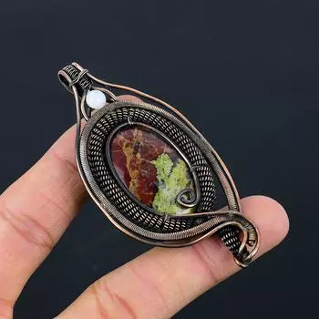 Drgon Blood Jasper, лунный камень, драгоценный камень, чистая медная проволока, обернутая дизайнерской подвеской ручной работы, ювелирные изделия для подарка 3.15 Inches зелёный