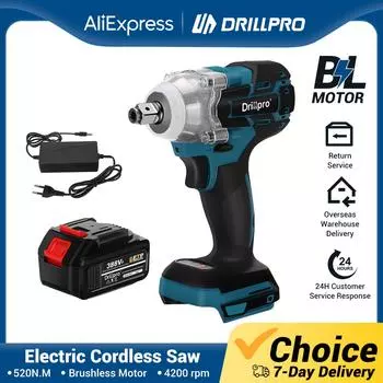 Drillpro 388VF Аккумуляторный бесщеточный ударный гайковерт с аккумулятором 13000 мАч и зарядным устройством, 520 Нм, высокий крутящий момент, 4200 об/мин. Идеально подходит для деревообработки и строительства дома.