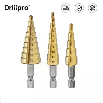 Drillpro 3 шт., 1/4 дюйма, 20 мм, шестигранный хвостовик, HSS, набор ступенчатых сверл с титановым покрытием 3-12/4-12/4